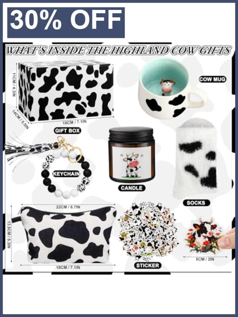 Cow Print Gift Set Makeup Bag Socks Mug Candle Keychain